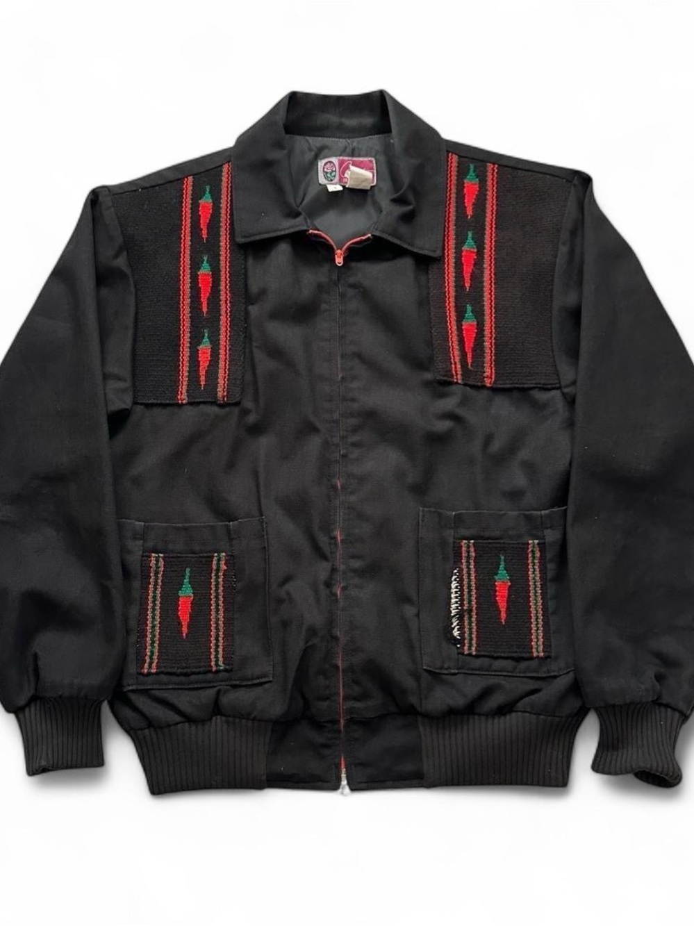 Vintage 90s Black western Chili pepper Zip Front Jacket - Red & Green Accent L
